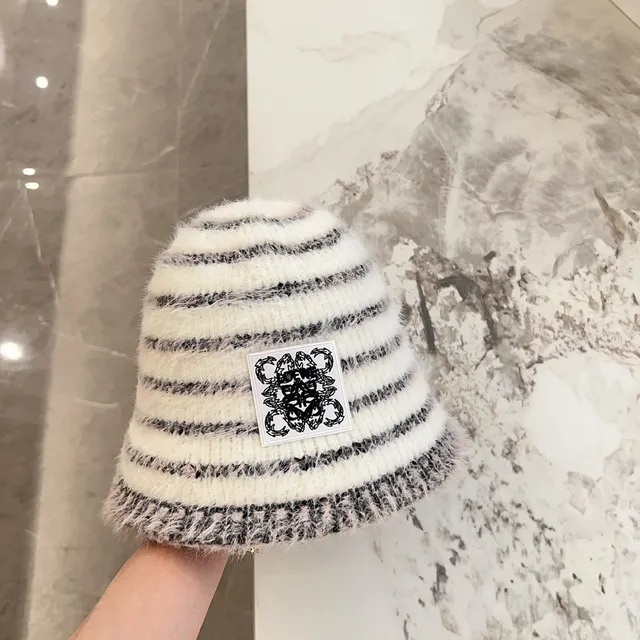 White Black Striped Fluffy Knit Bucket Hat 9