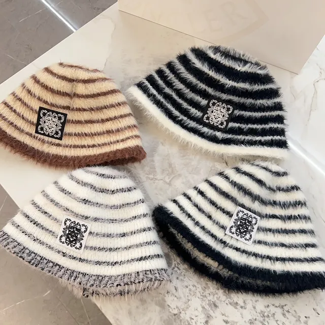 White Black Striped Fluffy Knit Bucket Hat 10