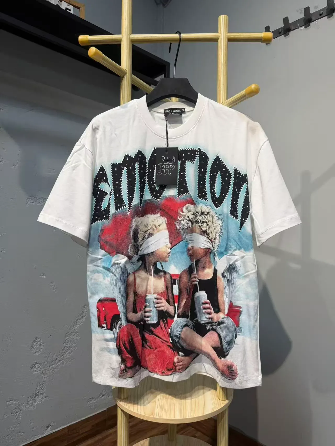 White Blue Oversized Fit Full-Front Photographic Print T-Shirt 13
