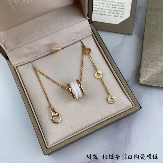 White Enamel Cylinder Pendant Gold-Tone Chain Necklace 3