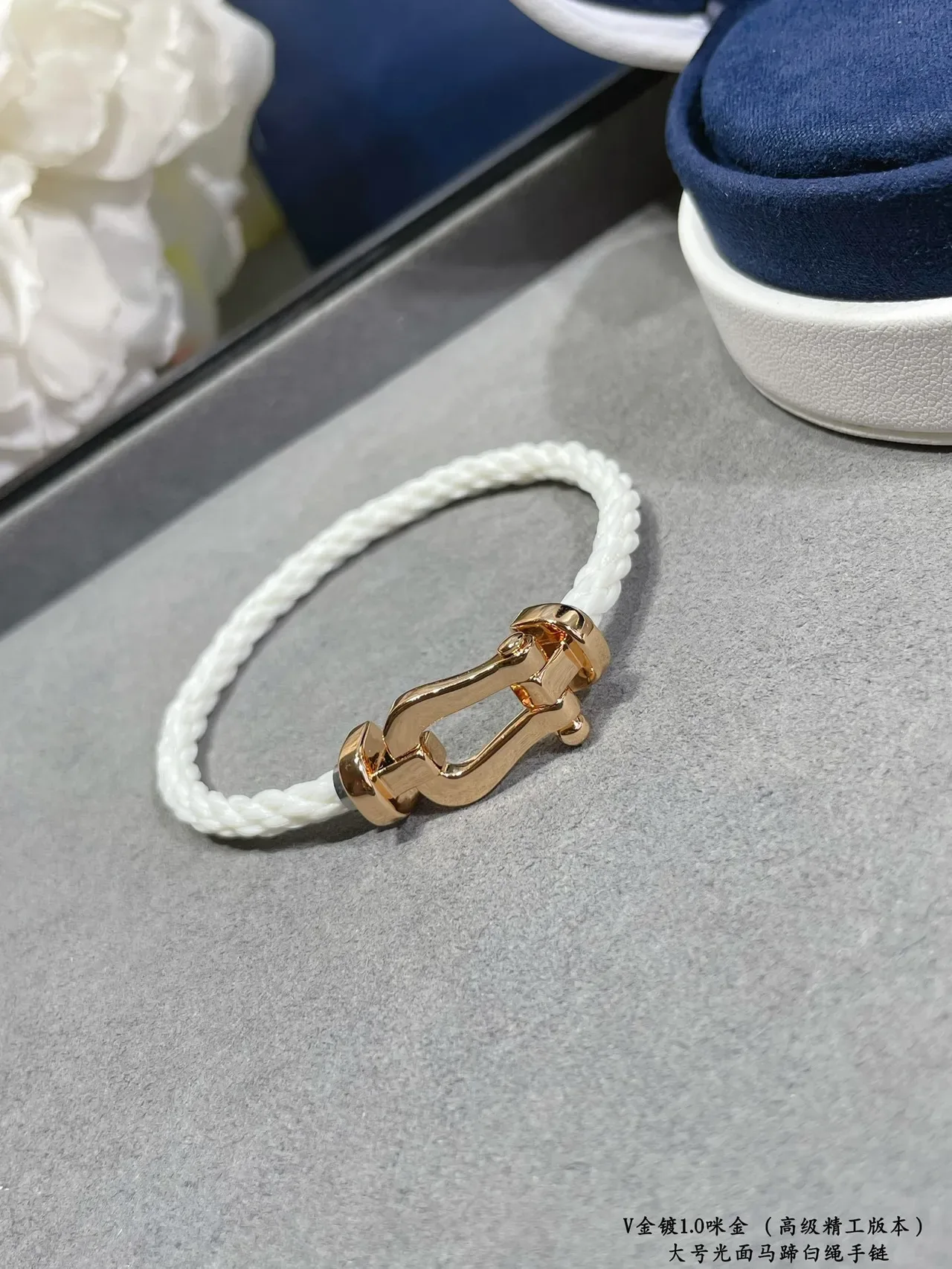 White Gold Braided Rope Shiny Metal Shackle-Style Clasp Bracelet 4