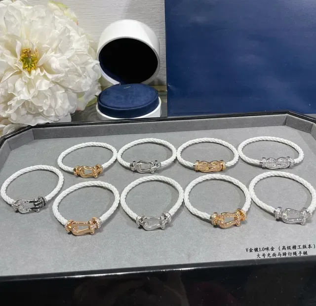 White Gold Braided Rope Shiny Metal Shackle-Style Clasp Bracelet 6