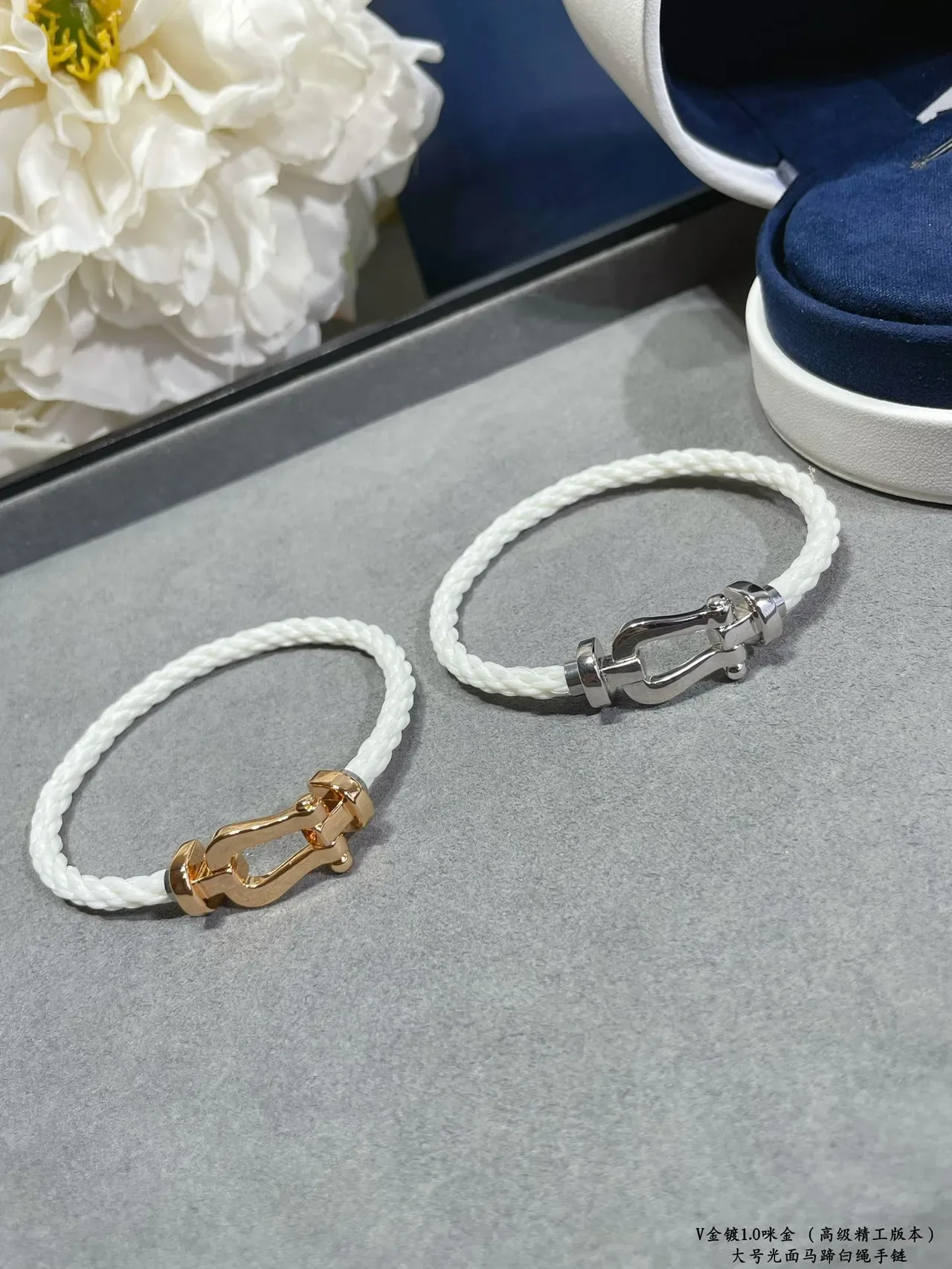 White Gold Braided Rope Shiny Metal Shackle-Style Clasp Bracelet 9