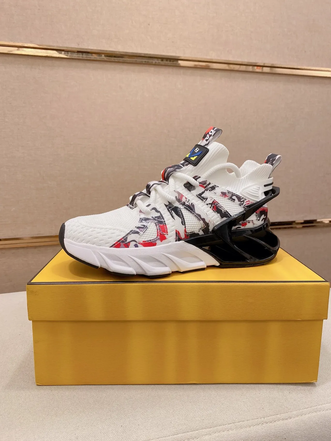 White Multicolor Mesh Upper Camo-Print Overlays Sneakers 1