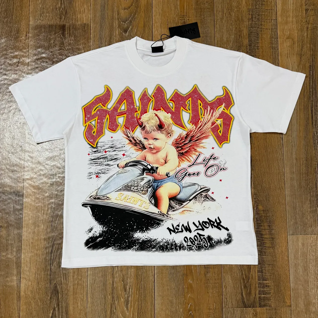 White Red Graphic-Print Crewneck T-Shirt 3