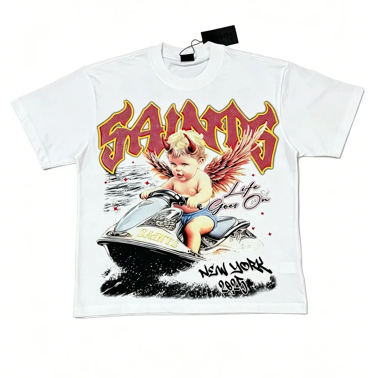 White Red Graphic-Print Crewneck T-Shirt 6