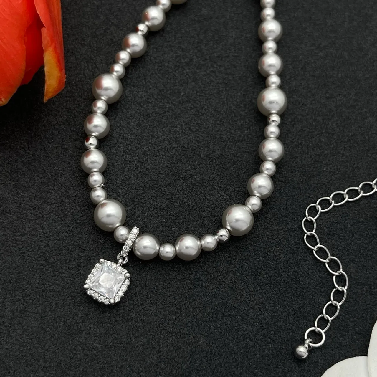 White Silver Pearl Strand Graduated Bead Sizing Necklace 5