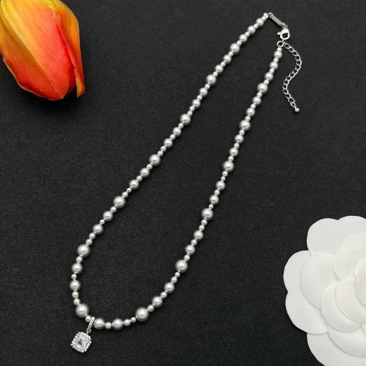 White Silver Pearl Strand Graduated Bead Sizing Necklace 6