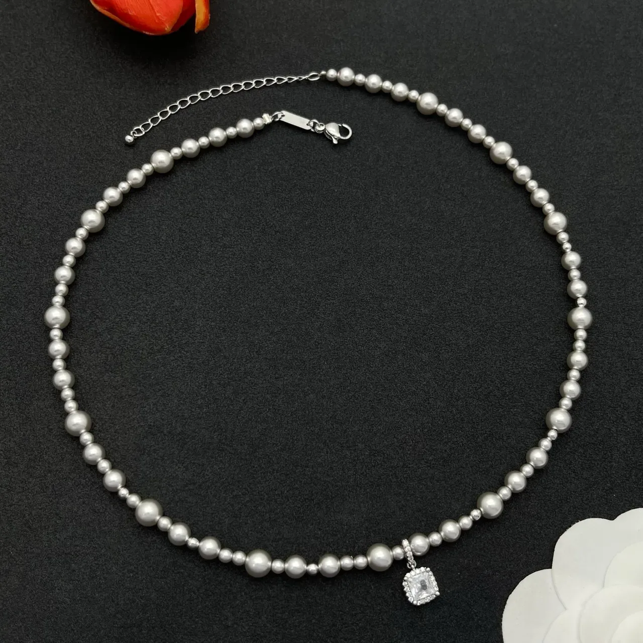 White Silver Pearl Strand Graduated Bead Sizing Necklace 7