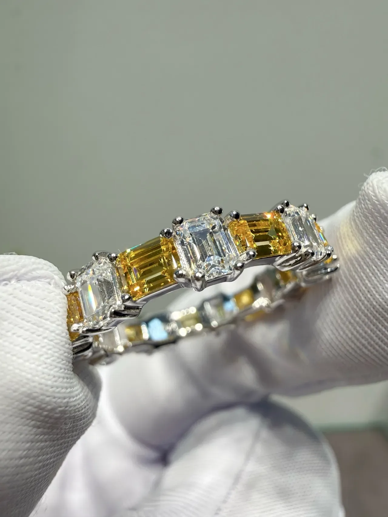 Yellow and Clear Emerald-Cut Channel-Set Multi-Stone Ring 8