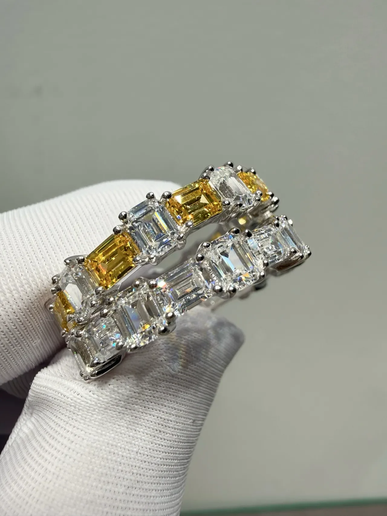 Yellow and Clear Emerald-Cut Channel-Set Multi-Stone Ring 9