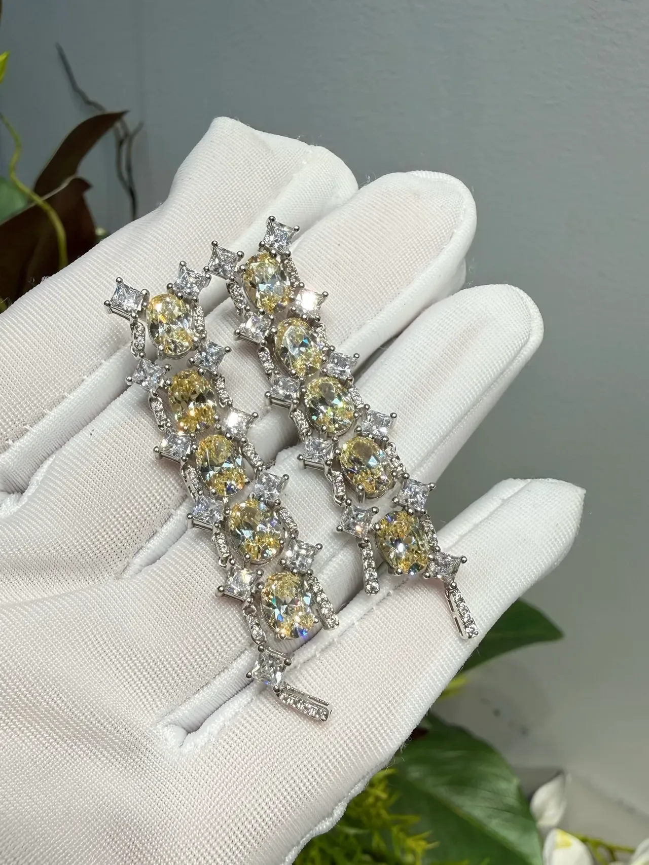 Yellow and Clear Stone Cascade Drop Earrings 2