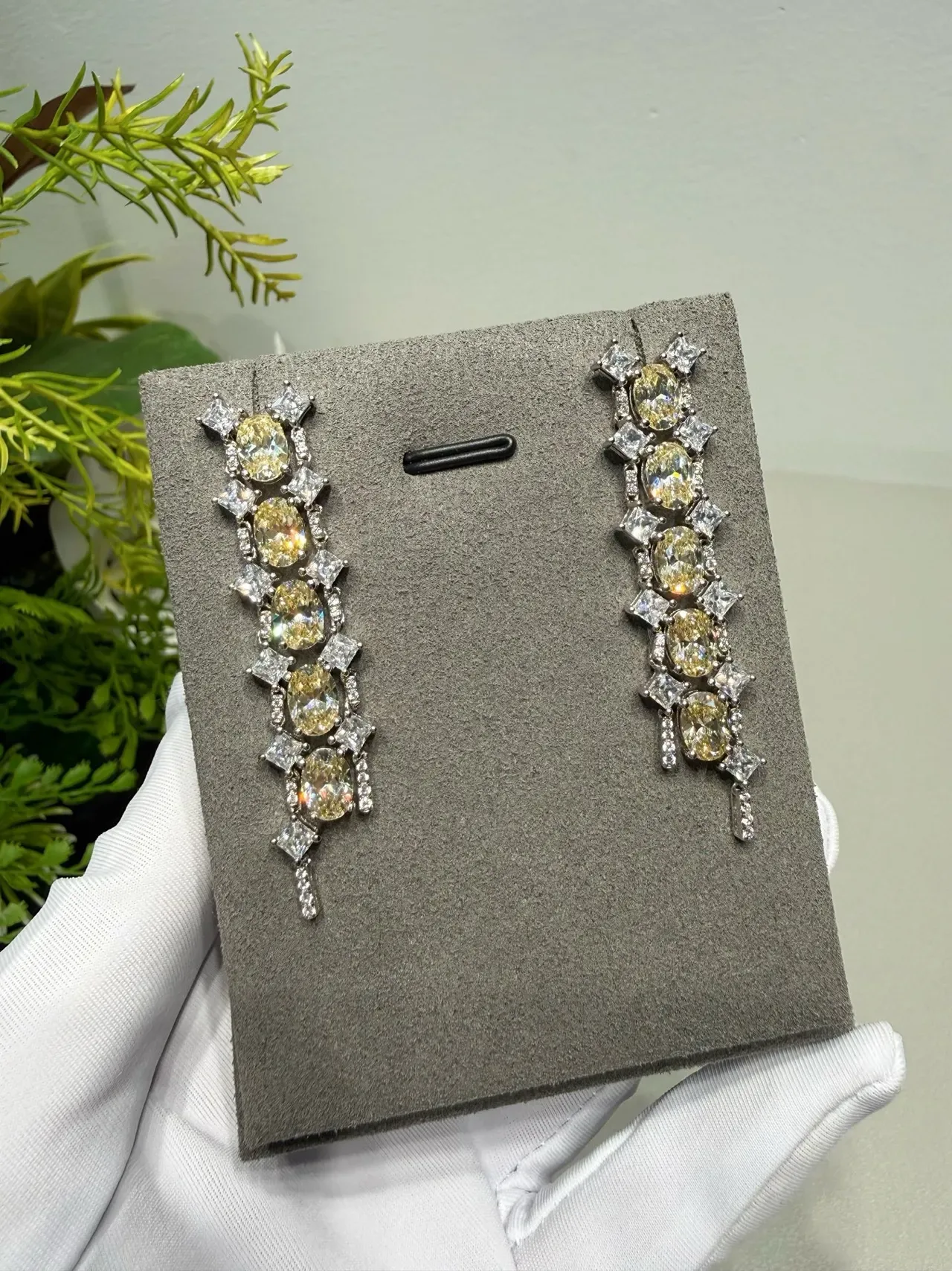 Yellow and Clear Stone Cascade Drop Earrings 7