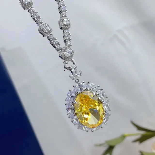 Yellow Silver Oval Center Stone Halo Pavé Setting Necklace 6