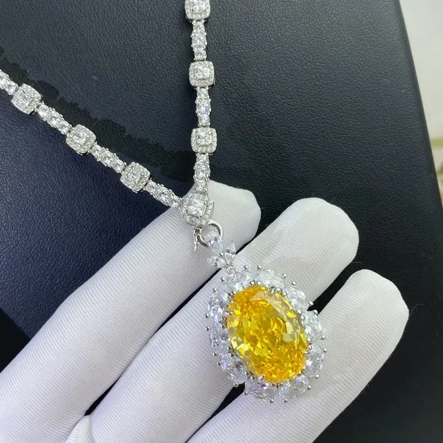 Yellow Silver Oval Center Stone Halo Pavé Setting Necklace 7