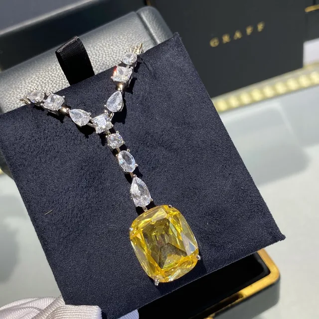 Yellow Silver Y-Shaped Pendant Cushion-Cut Center Stone Necklace 2