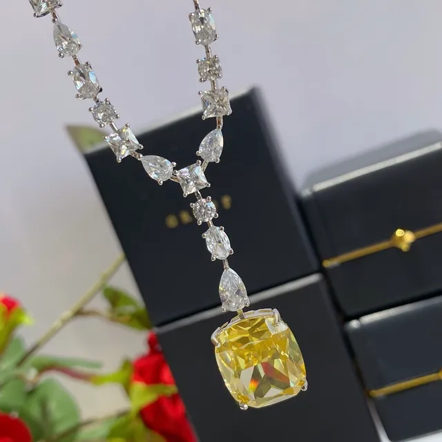 Yellow Silver Y-Shaped Pendant Cushion-Cut Center Stone Necklace 5