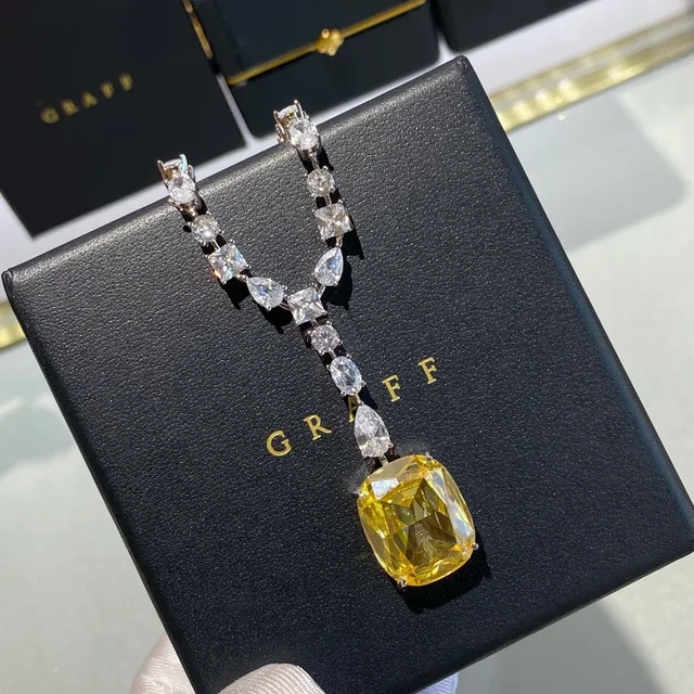 Yellow Silver Y-Shaped Pendant Cushion-Cut Center Stone Necklace 6