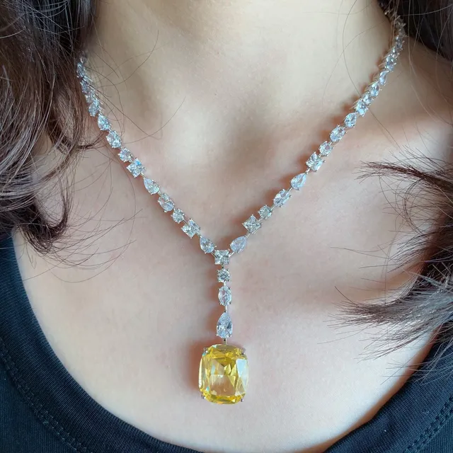 Yellow Silver Y-Shaped Pendant Cushion-Cut Center Stone Necklace 8