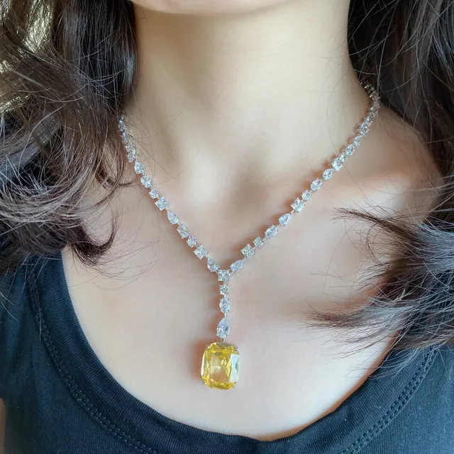 Yellow Silver Y-Shaped Pendant Cushion-Cut Center Stone Necklace 9