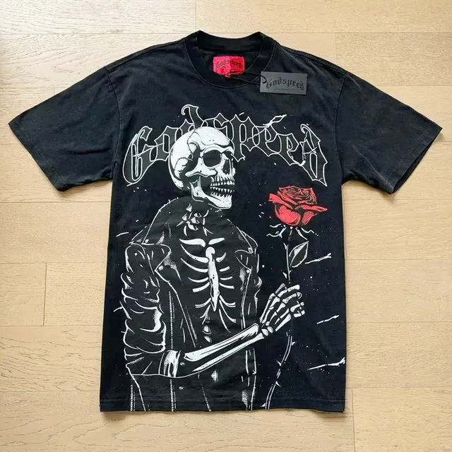 Godspeed Black Red Graphic Print Skeleton Motif T-Shirt 5