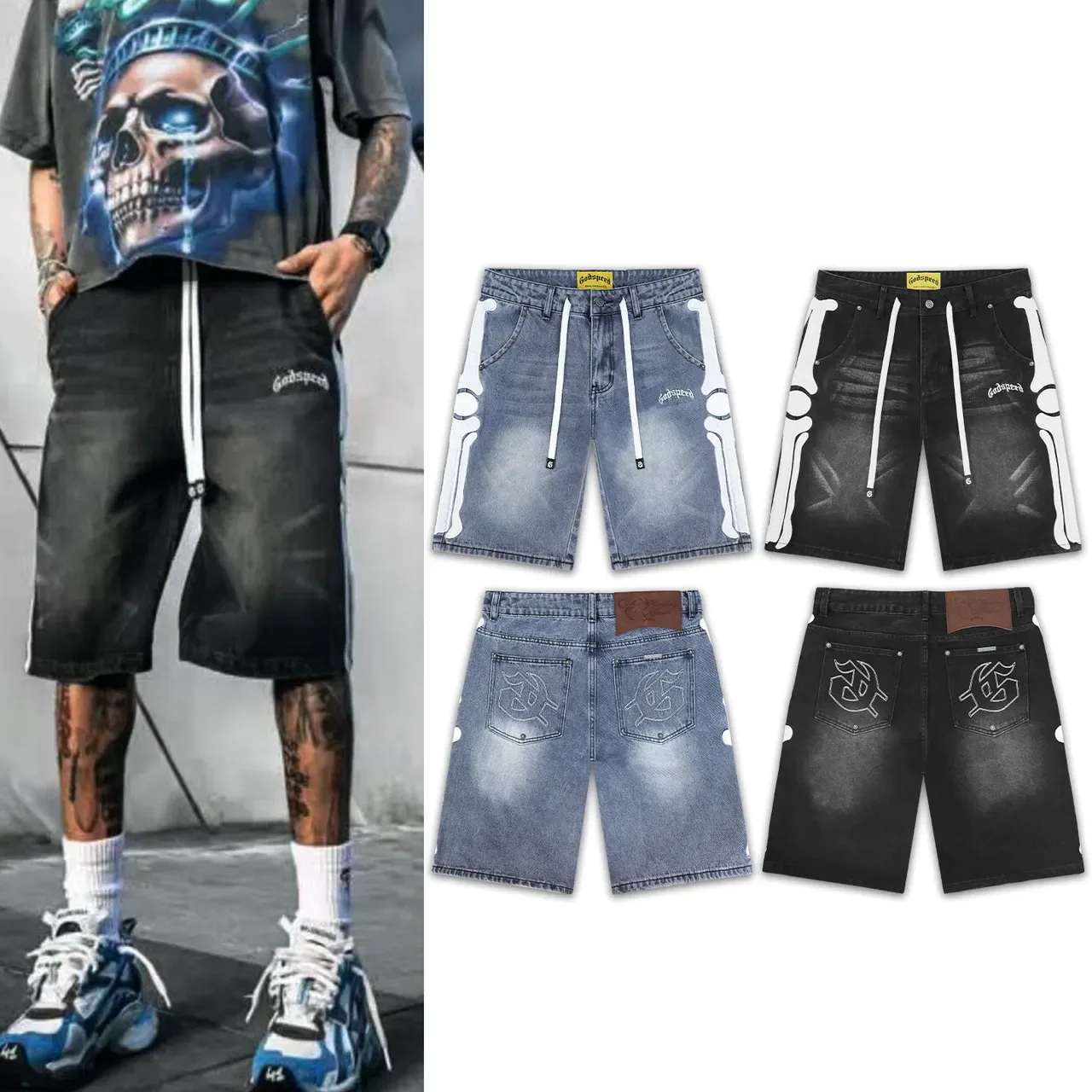 Godspeed Bone Graphic Washed Denim Shorts 2