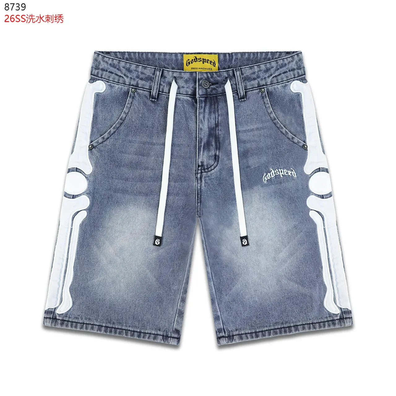 Godspeed Bone Graphic Washed Denim Shorts 8