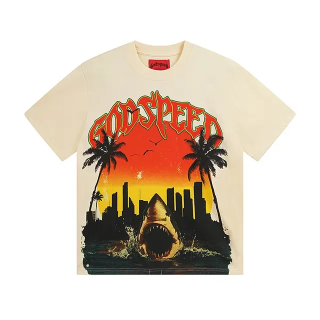 Camiseta gráfica Godspeed de tubarão ao pôr do sol 2