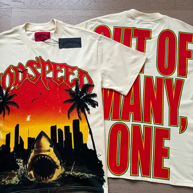 Camiseta gráfica Godspeed de tubarão ao pôr do sol 4