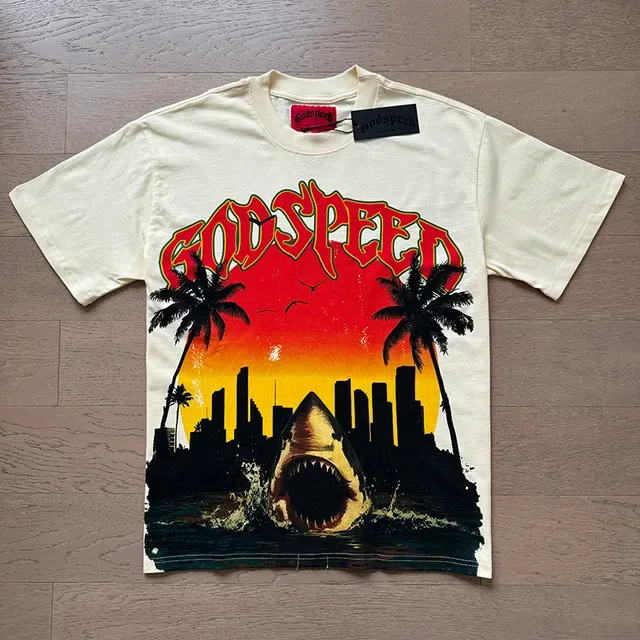 Camiseta gráfica Godspeed de tubarão ao pôr do sol 5