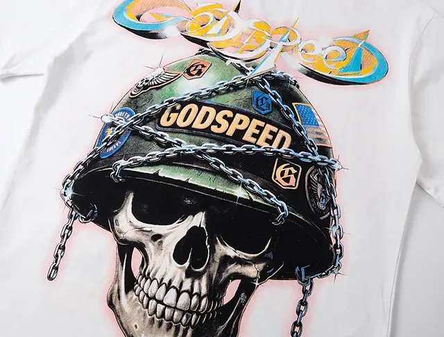 Godspeed स्कल हेलमेट ग्राफिक प्रिंट सफेद टी-शर्ट 4