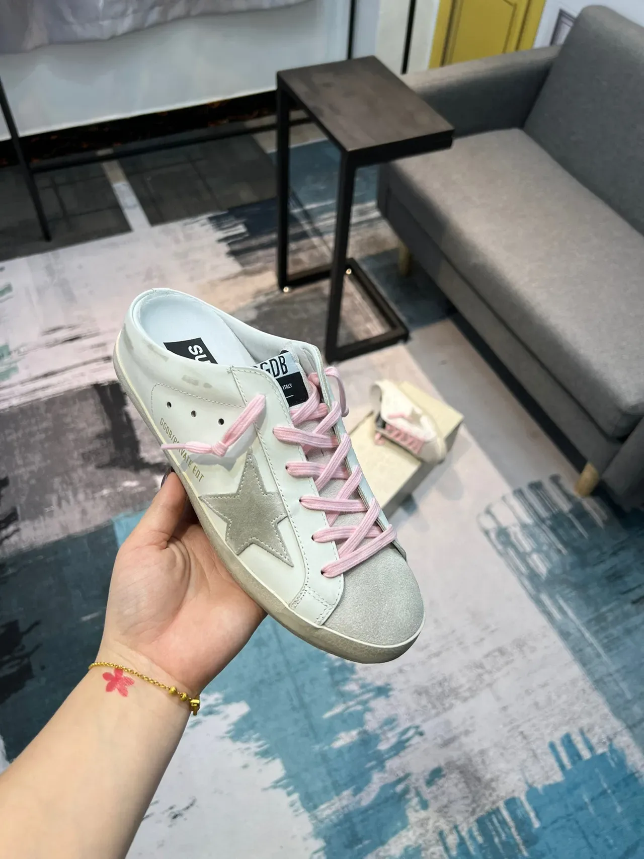 Golden Goose White Pink Low-Top Slip-On Mule Distressed Rubber Sole Sneakers 6