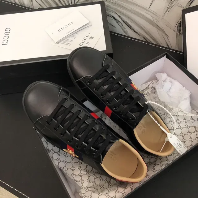 Gucci Ace Black Leather Web Stripe Bee Lifestyle Sneakers 2