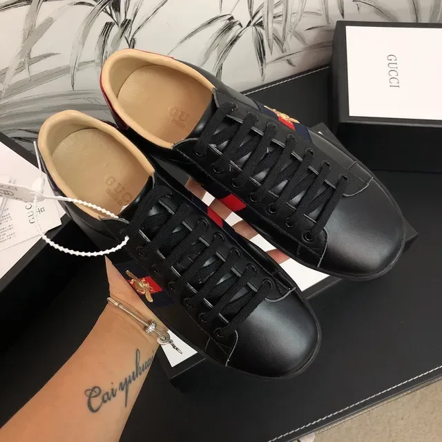 Gucci Ace Black Leather Web Stripe Bee Lifestyle Sneakers 3