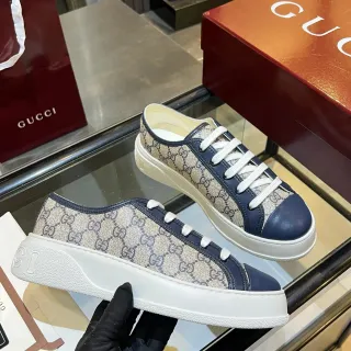 Gucci Ace GG Monogram Canvas and Navy Leather Lifestyle Sneakers