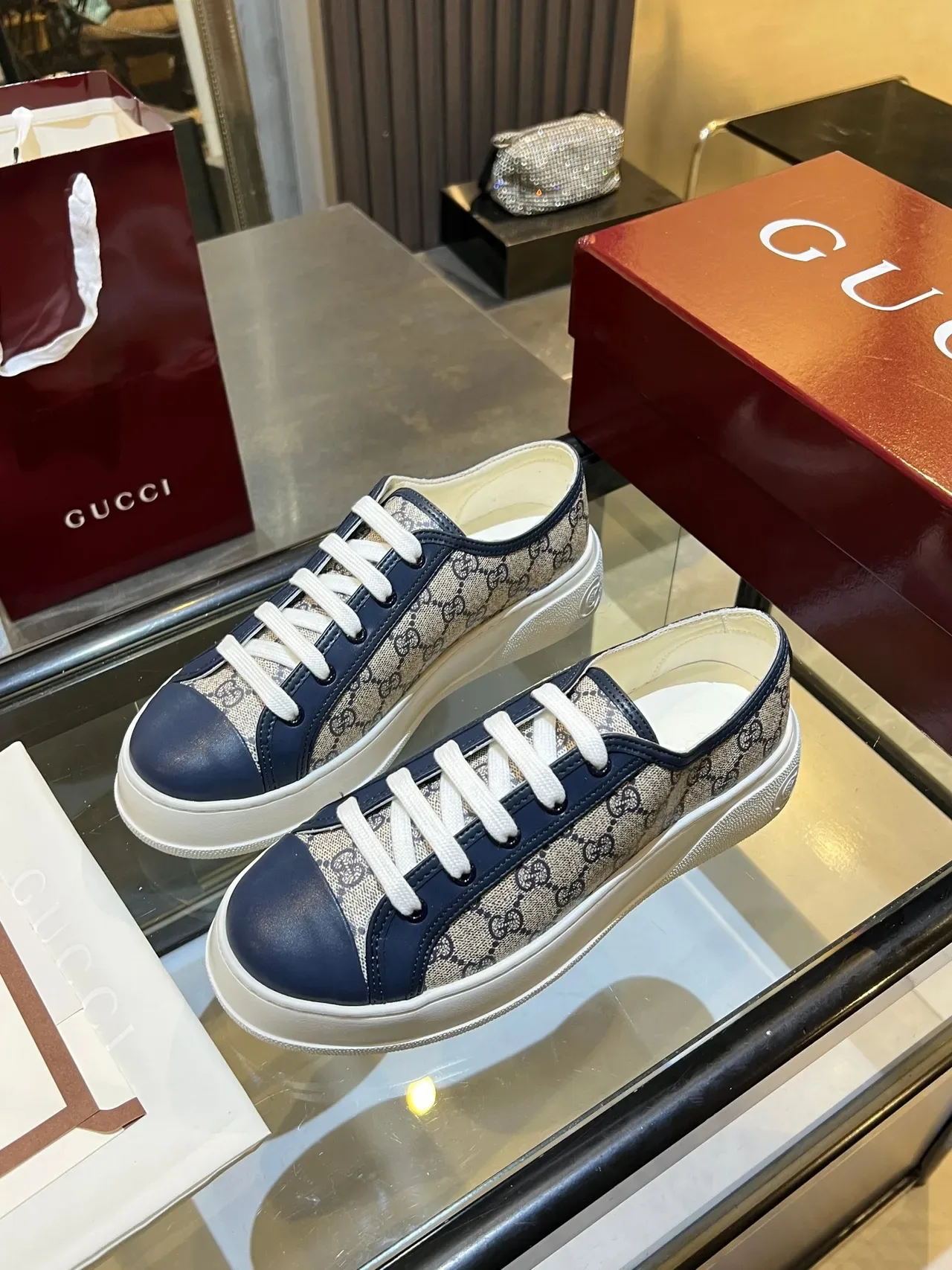 Gucci Ace GG Monogram Canvas and Navy Leather Lifestyle Sneakers 2