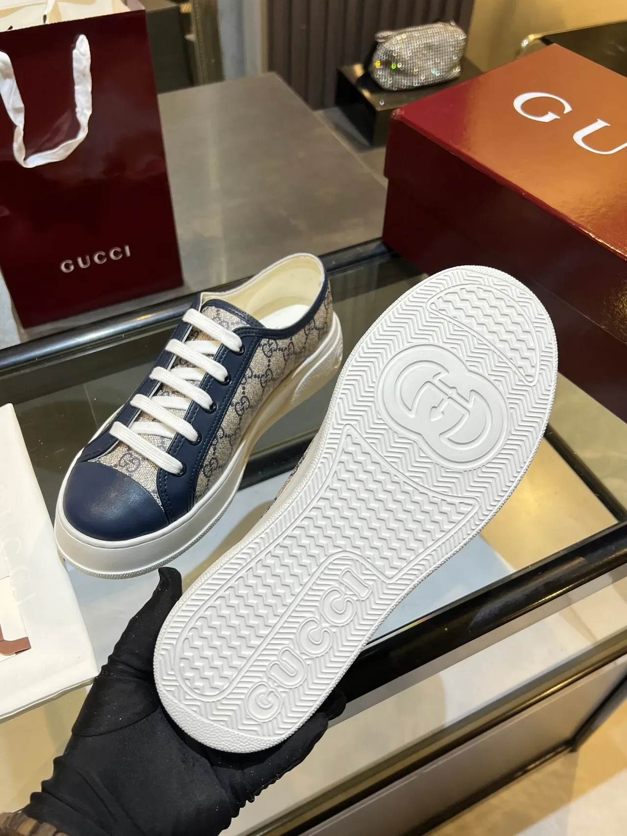 Gucci Ace GG Monogram Canvas and Navy Leather Lifestyle Sneakers 3