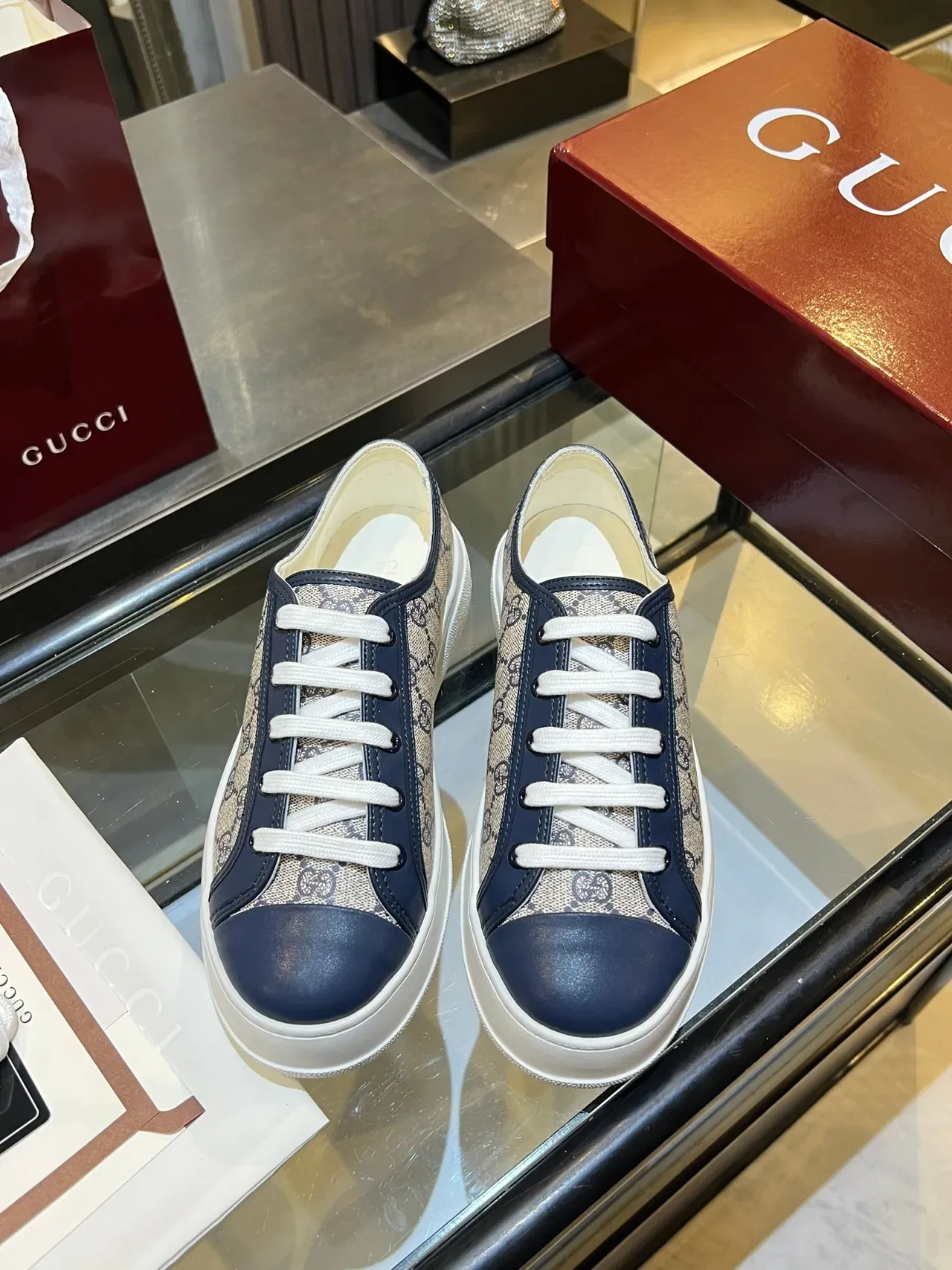Gucci Ace GG Monogram Canvas and Navy Leather Lifestyle Sneakers 4
