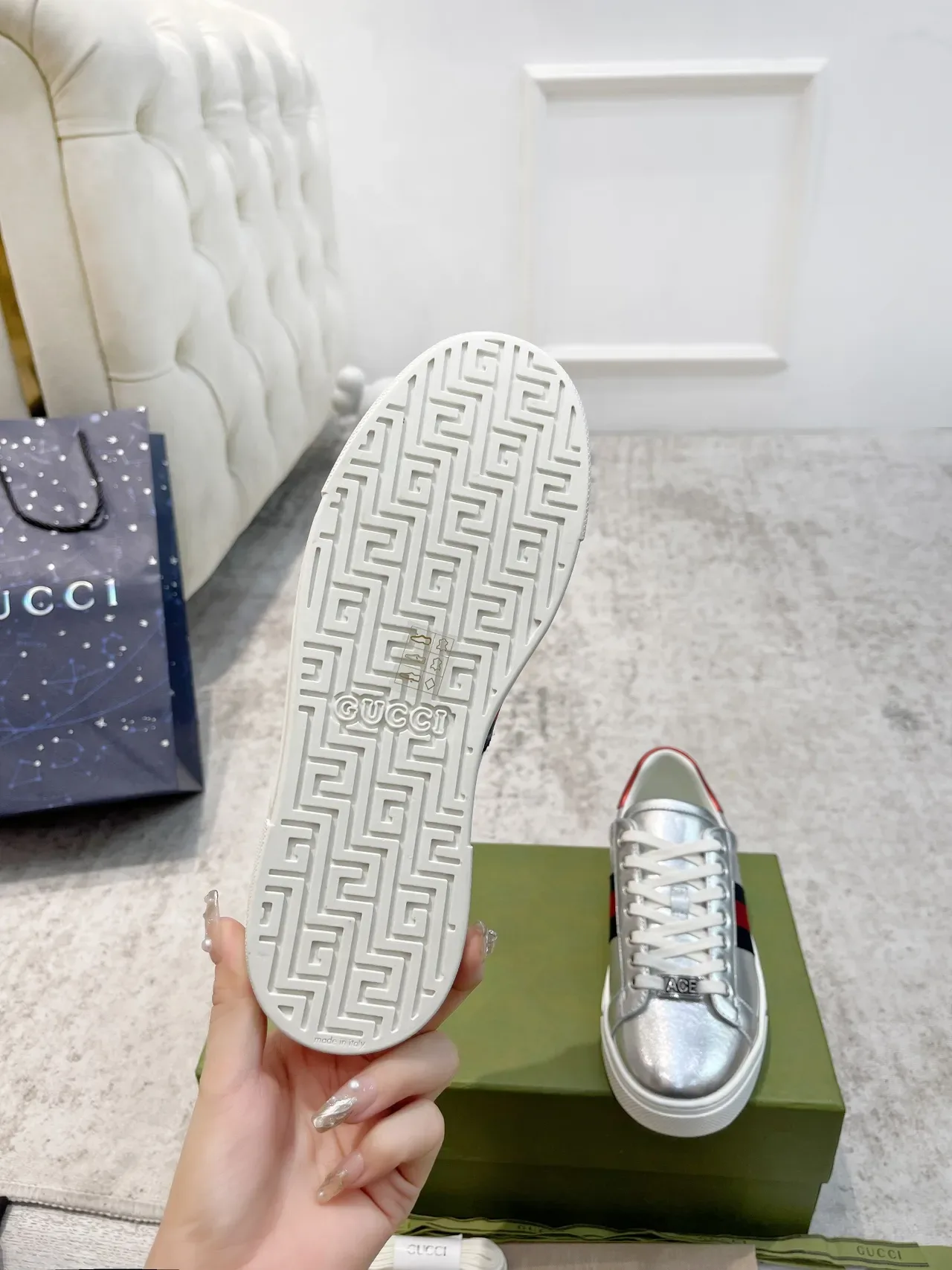 Gucci Ace Metallic Silver Web Stripe Lifestyle Sneakers 2
