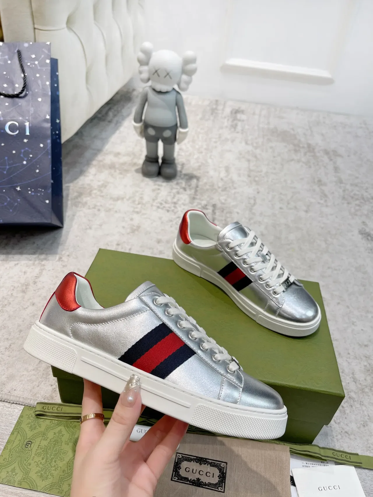 Gucci Ace Metallic Silver Web Stripe Lifestyle Sneakers 3