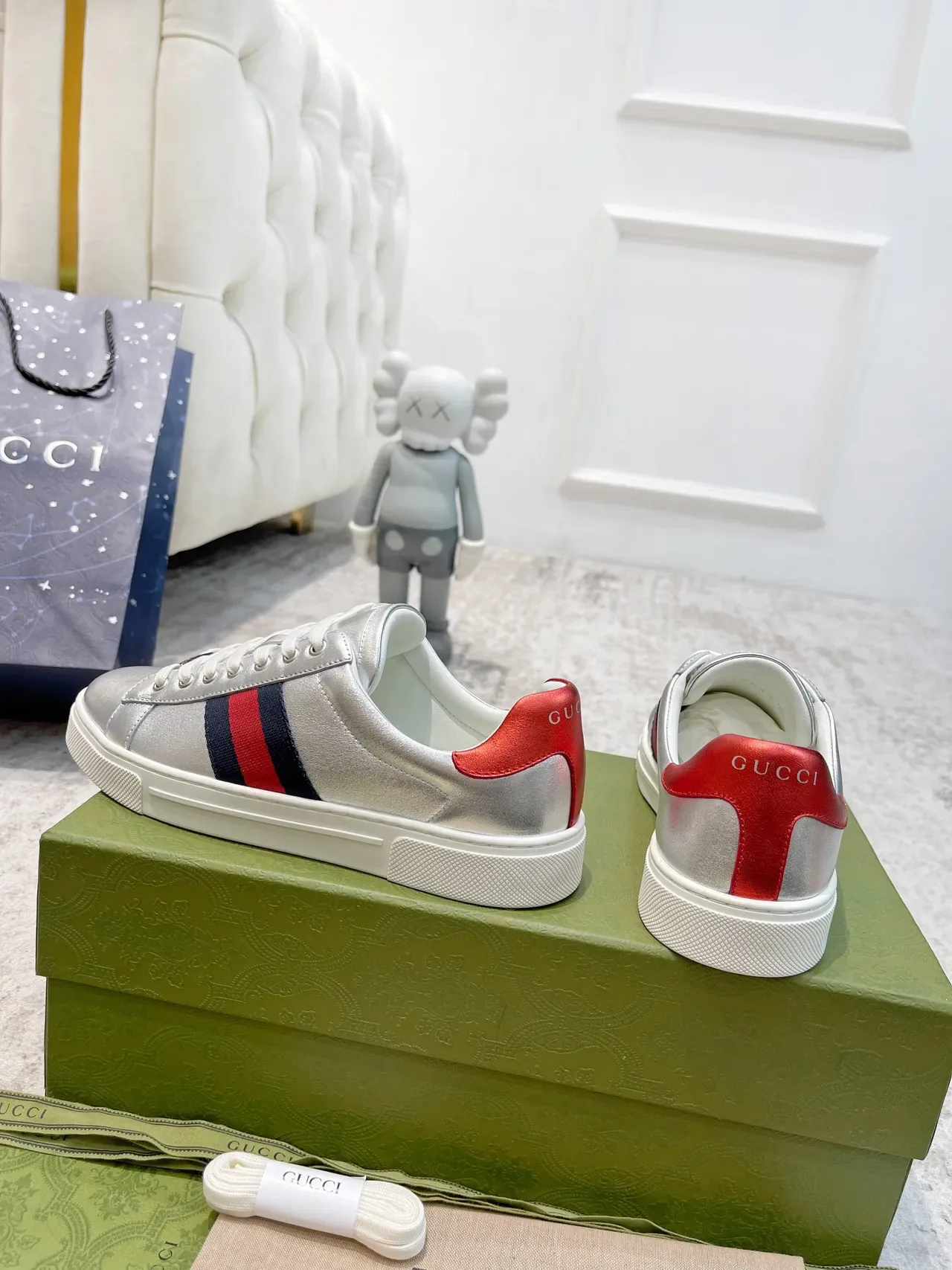 Gucci Ace Metallic Silver Web Stripe Lifestyle Sneakers 4