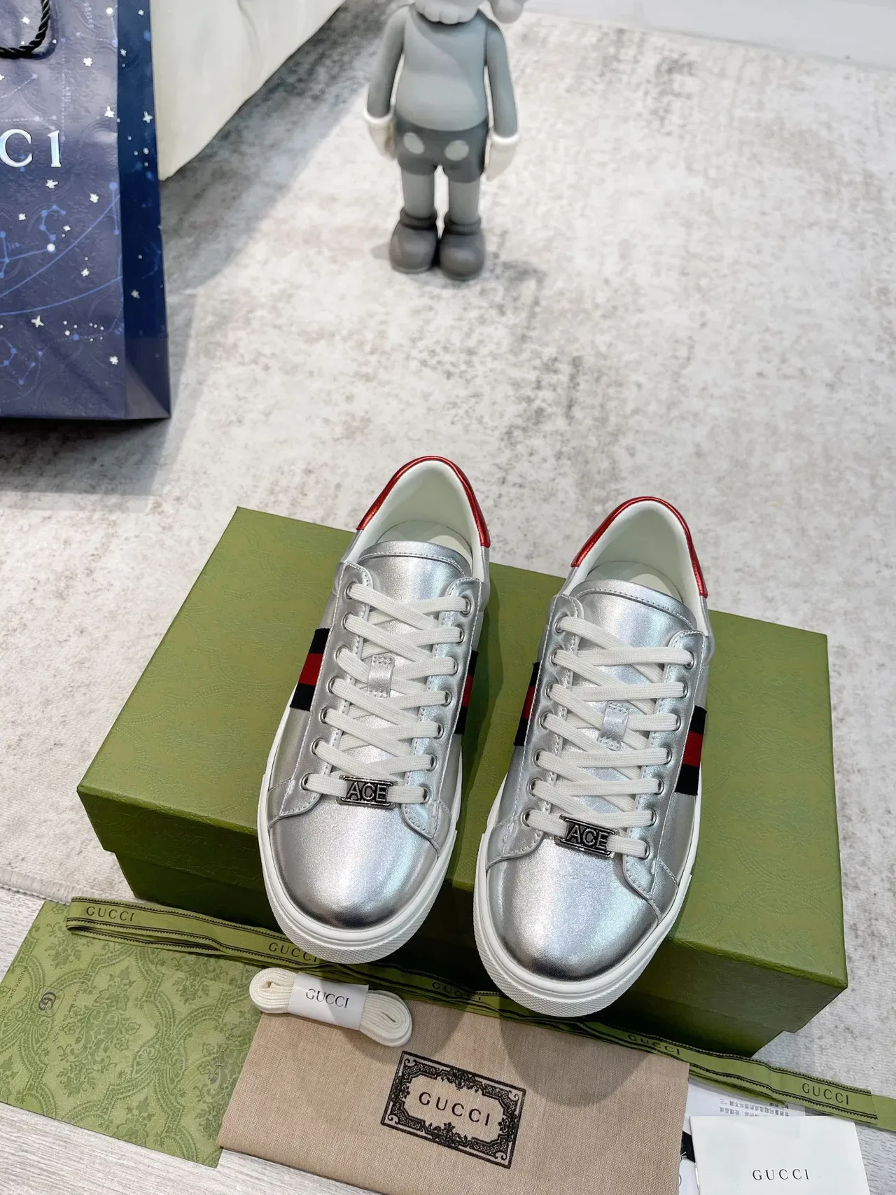 Gucci Ace Metallic Silver Web Stripe Lifestyle Sneakers 5
