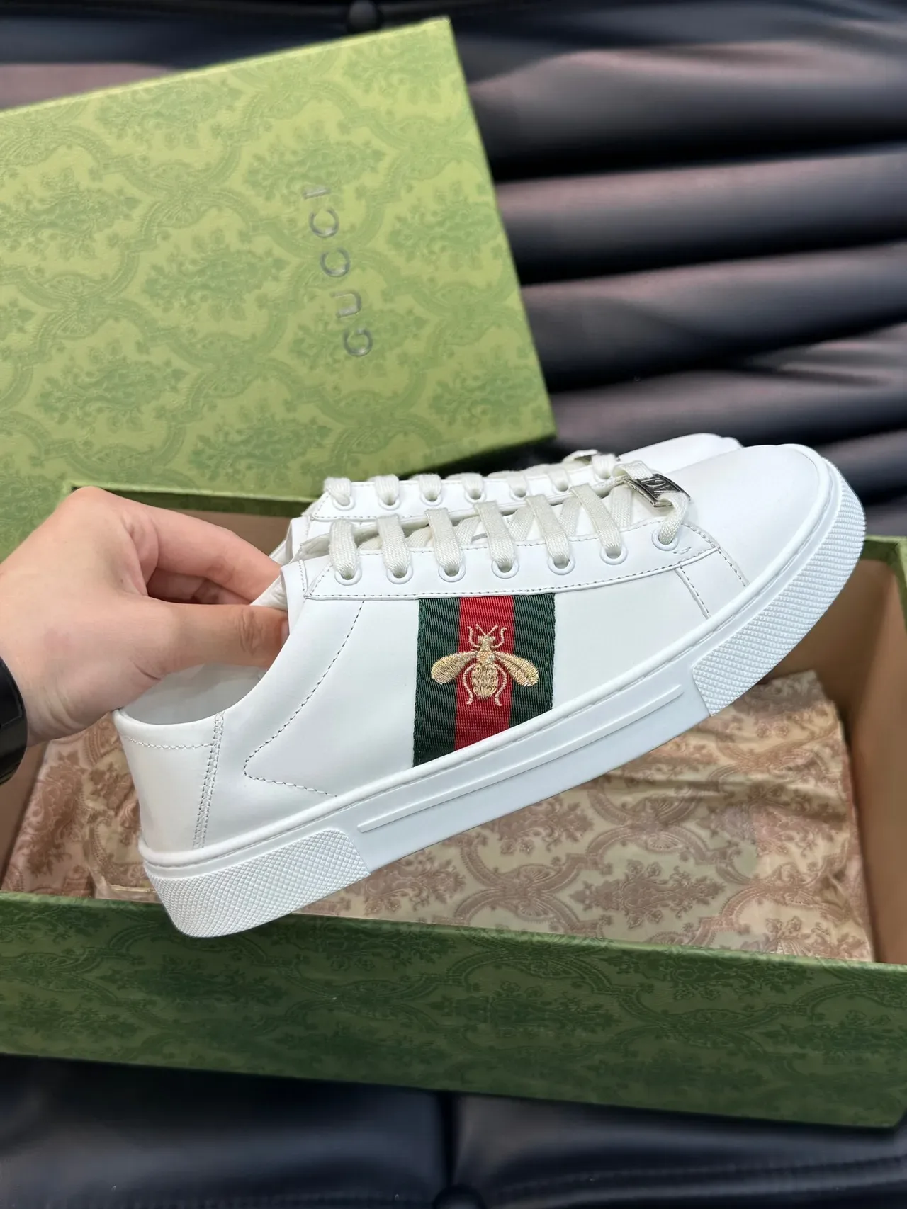Gucci Ace White Green Red Web Stripe Bee Embroidery Lifestyle Sneakers 5