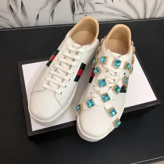 Gucci Ace White Leather Web Stripe Crystal Strap Lifestyle Sneakers