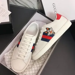 Gucci Ace White Leather Web Stripe Embroidered Cat Lifestyle Sneakers