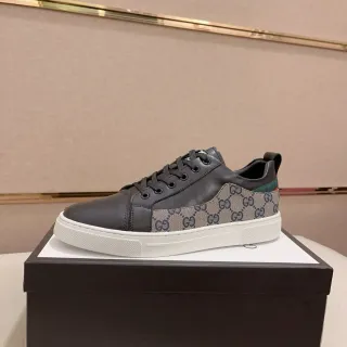 Gucci Black Beige Paneled Leather And GG Canvas Flat White Cupsole Lifestyle Sneakers