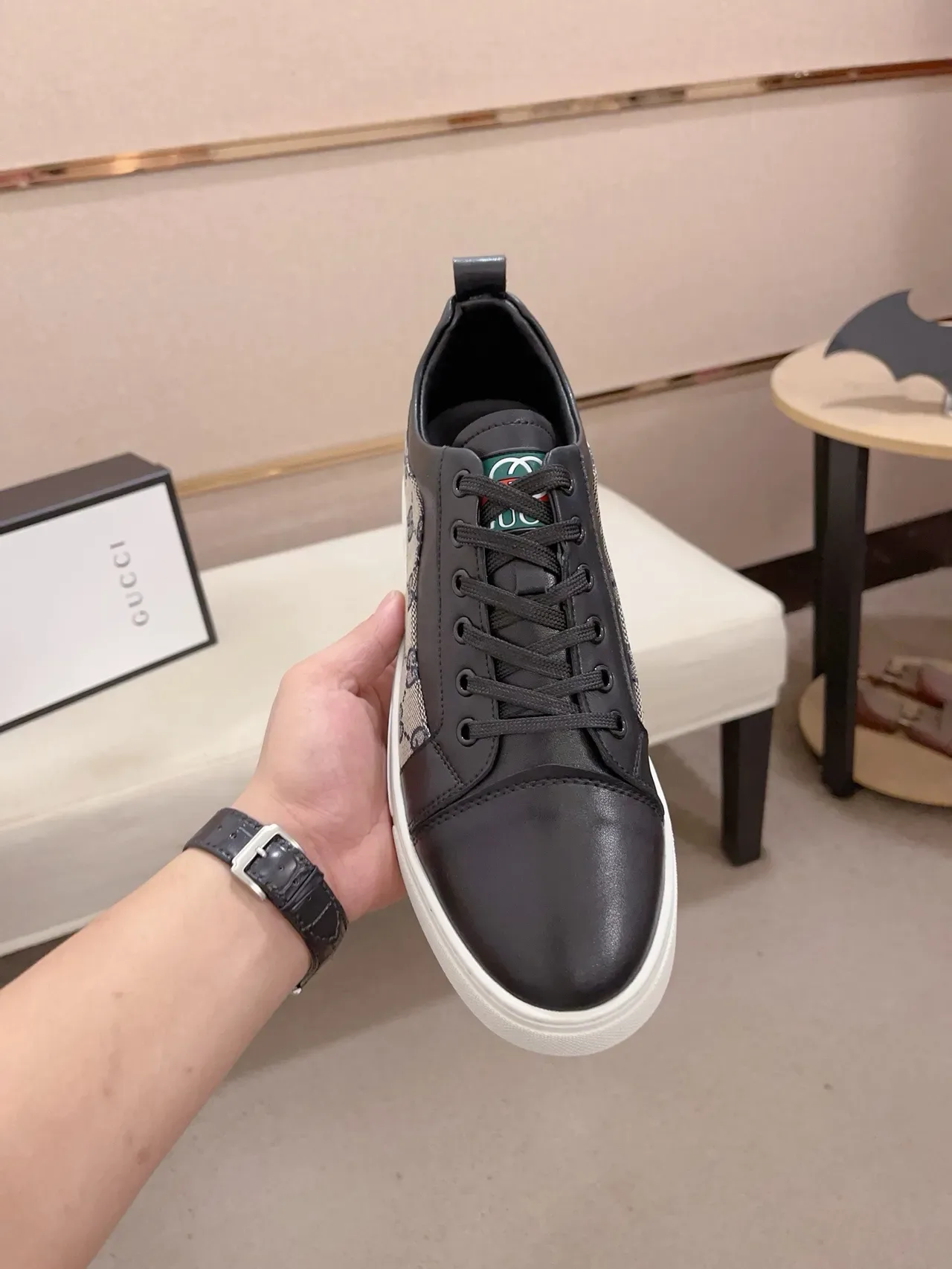 Gucci Black Beige Paneled Leather And GG Canvas Flat White Cupsole Lifestyle Sneakers 2