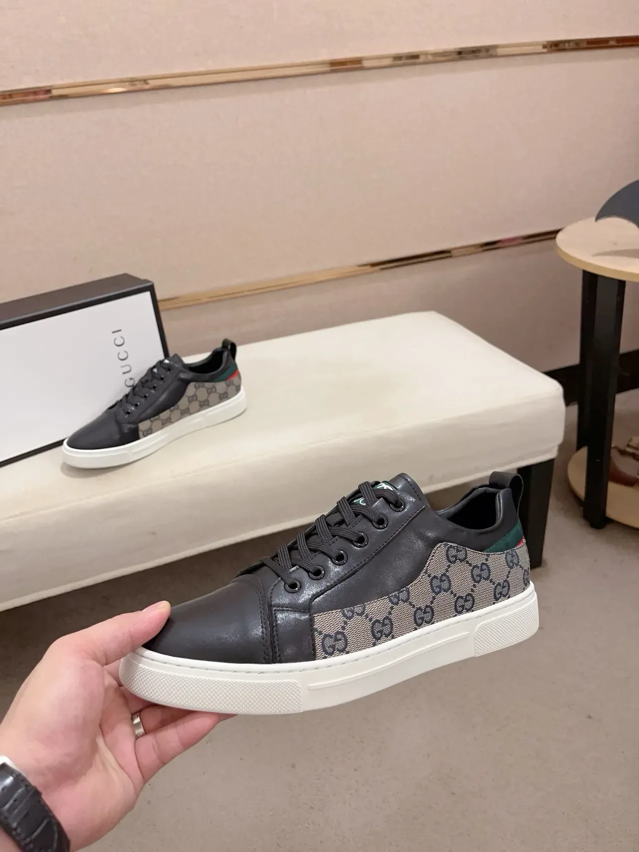 Gucci Black Beige Paneled Leather And GG Canvas Flat White Cupsole Lifestyle Sneakers 3