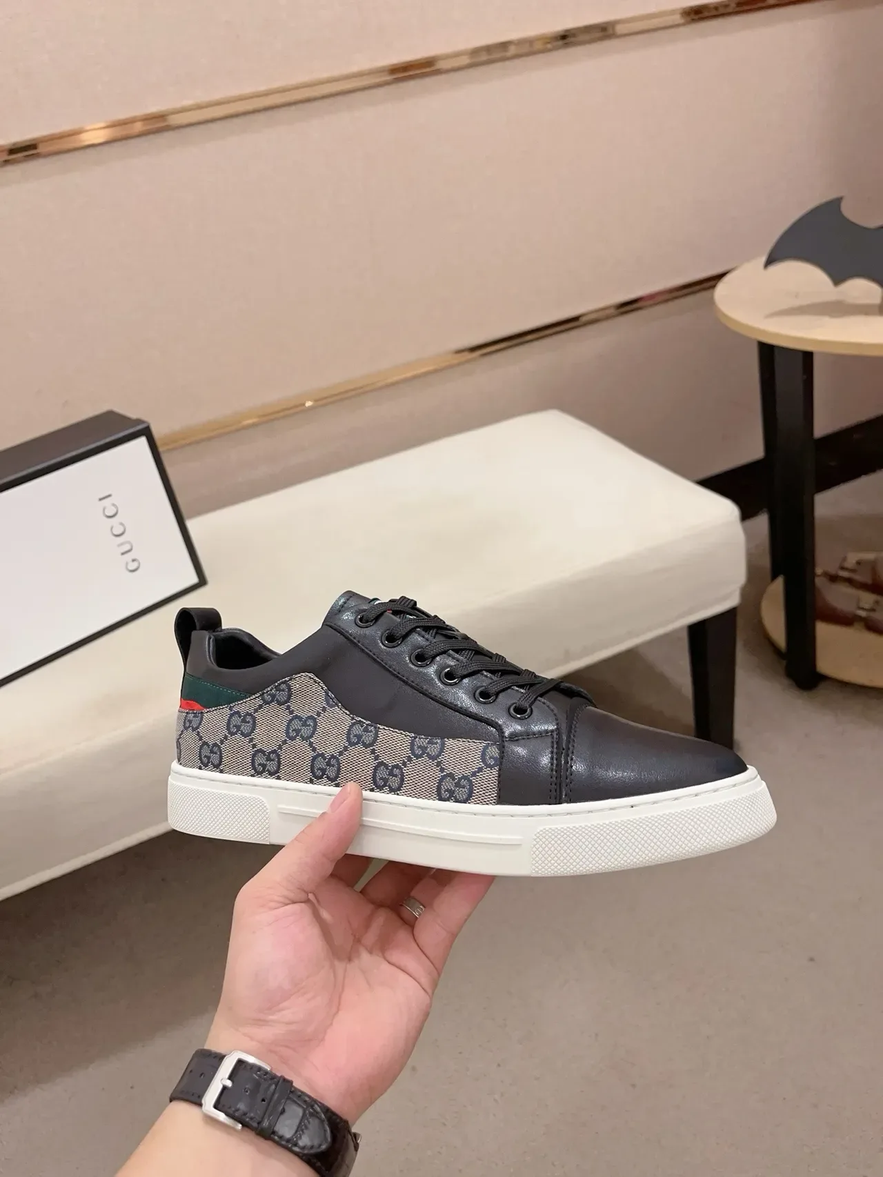 Gucci Black Beige Paneled Leather And GG Canvas Flat White Cupsole Lifestyle Sneakers 4