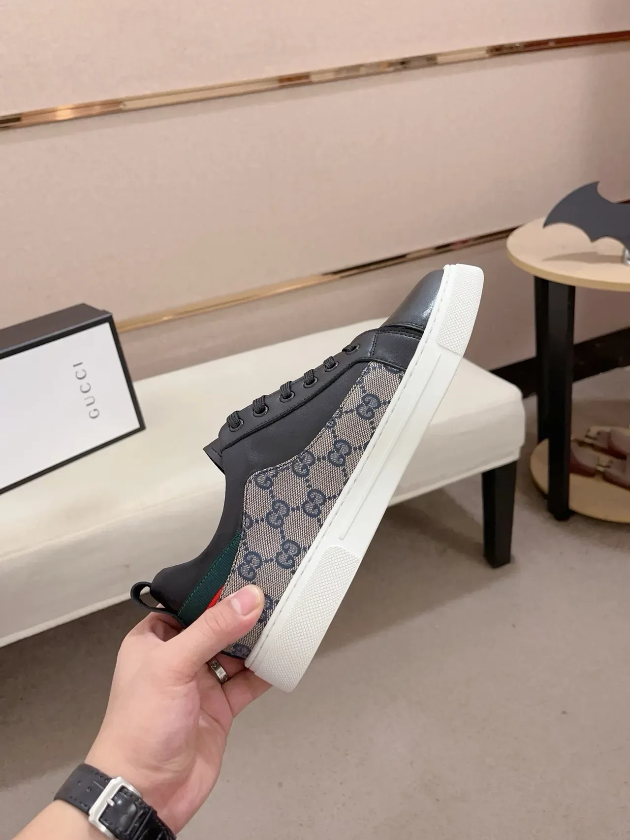 Gucci Black Beige Paneled Leather And GG Canvas Flat White Cupsole Lifestyle Sneakers 5